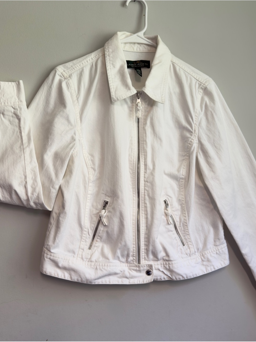 Lauren Jeans Co Ralph Lauren White Denim Jacket Zip Up Size L Y2K
